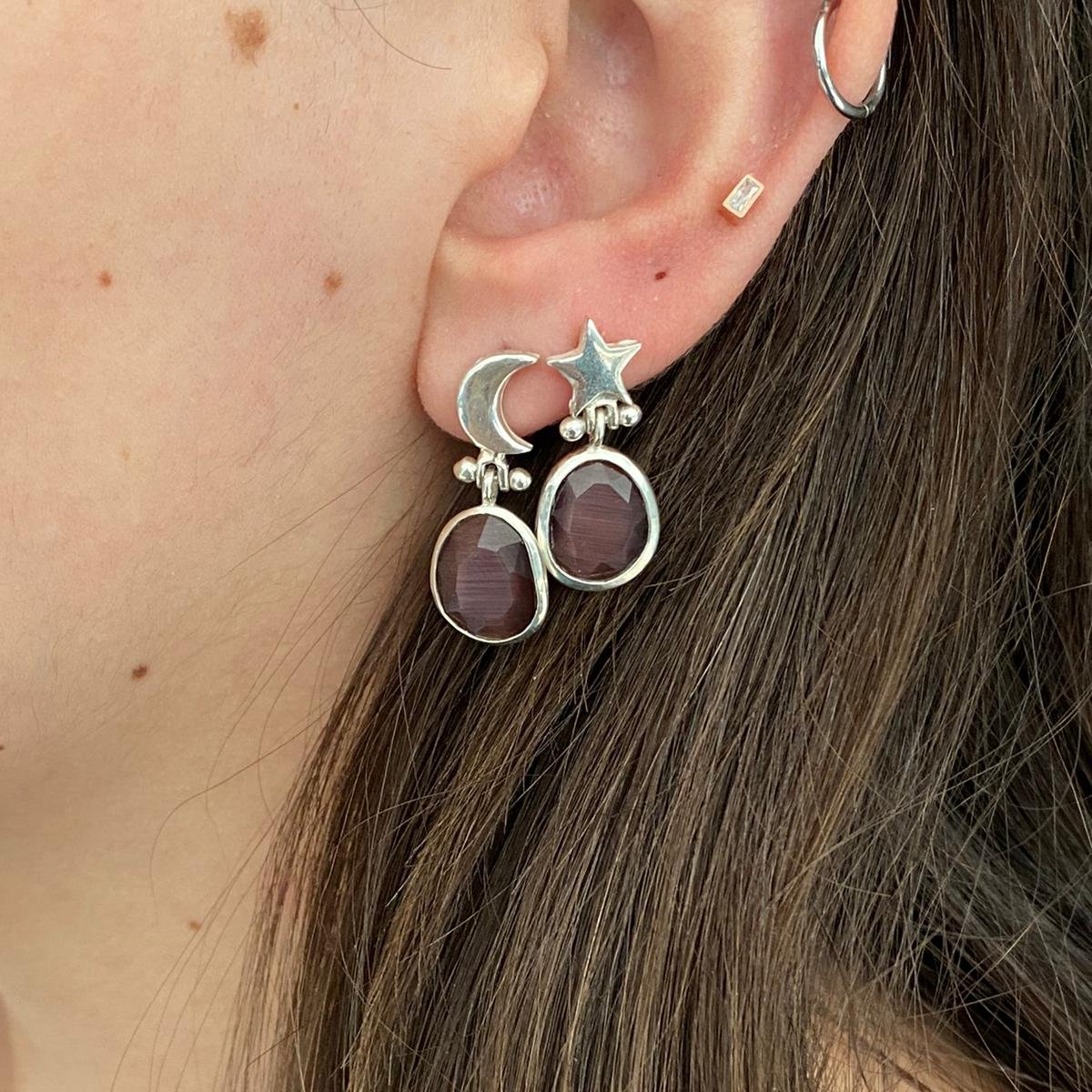 Close-up of Moon and Star Purple Necklace and Earrings Set in Silver