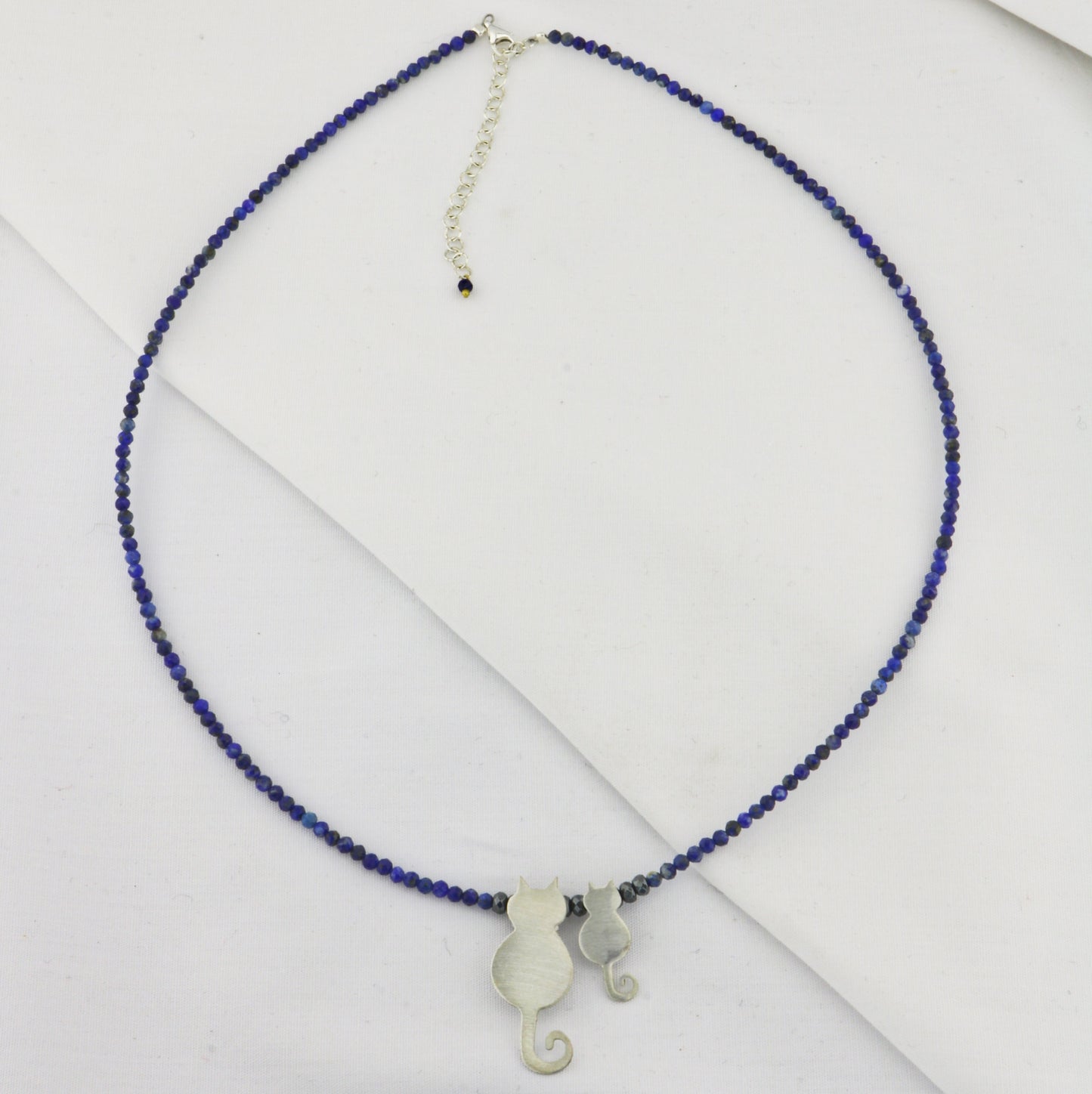 Elegant Mother Cat and Kitten Silver Necklace with Blue Beads.