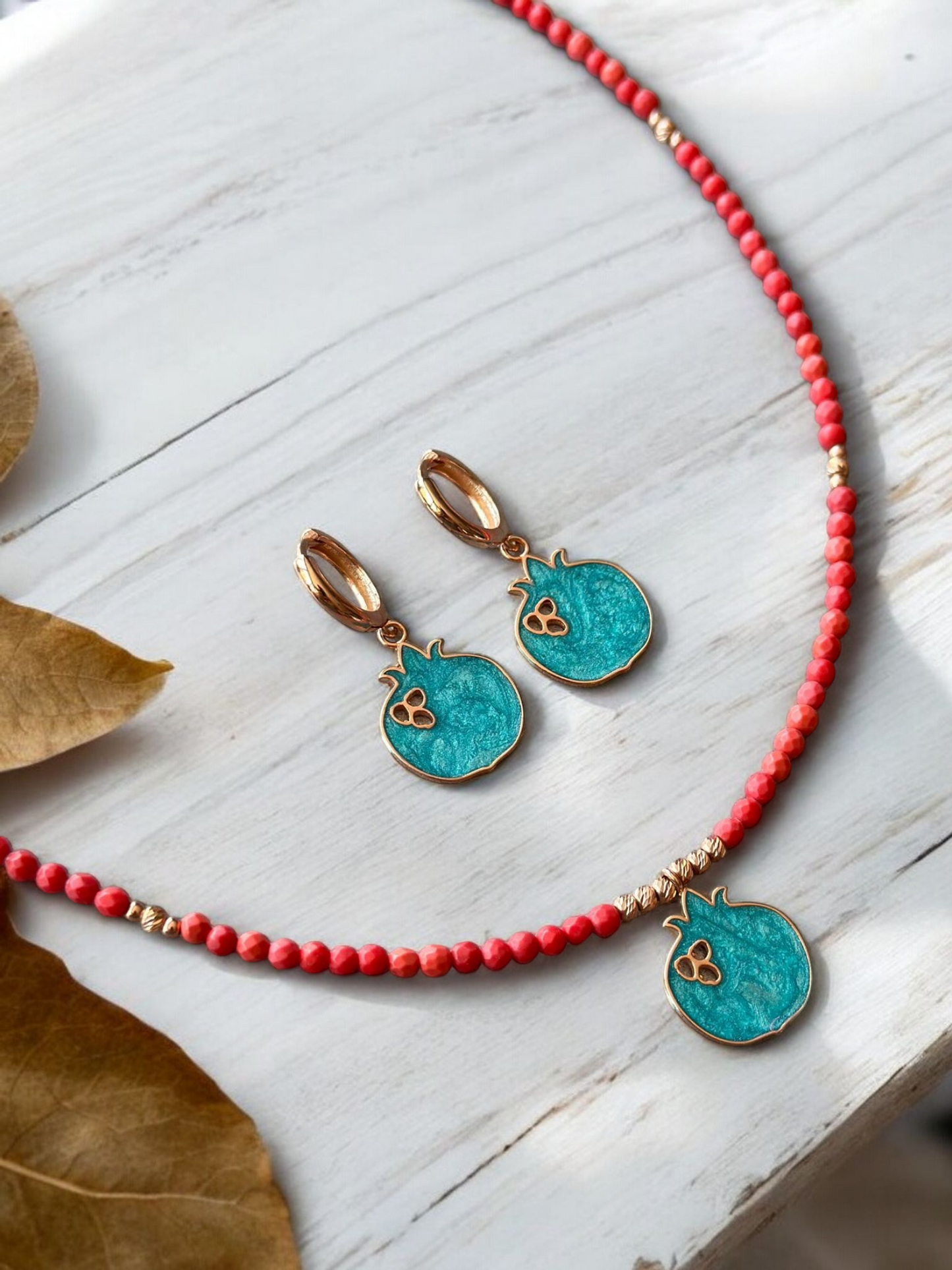 Nar Red Coral Gemstone Necklace and Earrings Set with Pomegranate Shaped Pendant