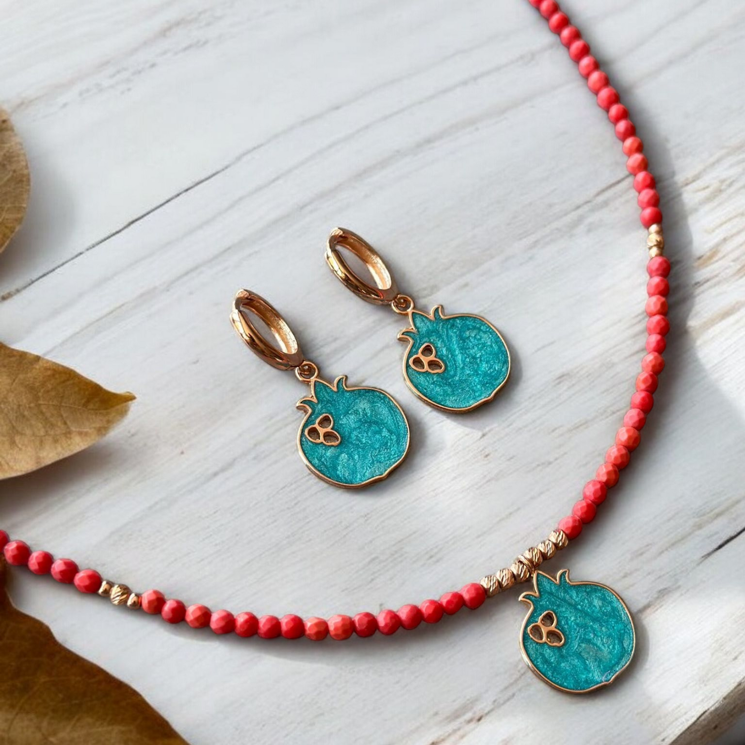 Nar Red Coral Gemstone Necklace and Earrings Set with Pomegranate Shaped Pendant