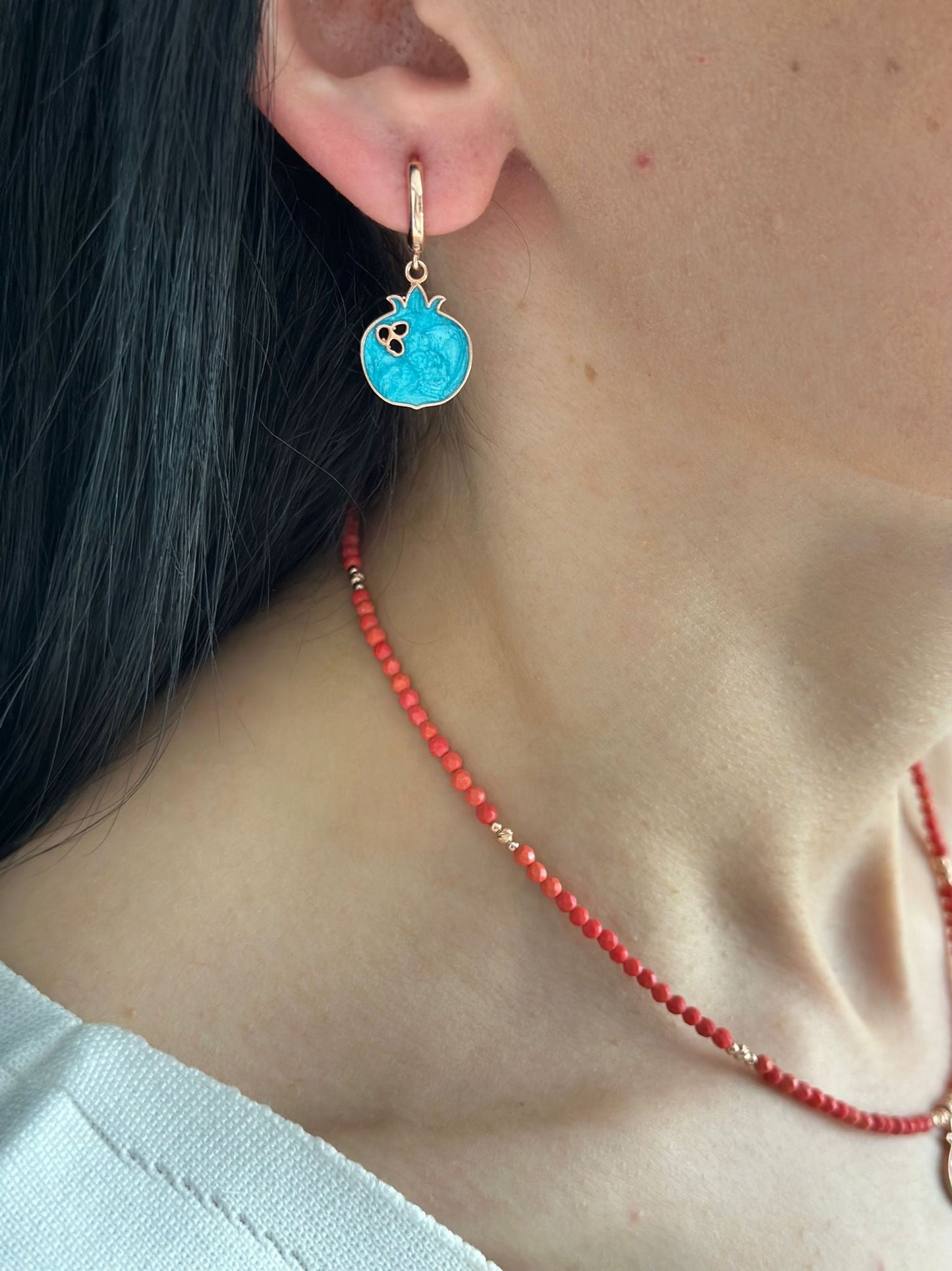 Close-up of Nar Red Coral Gemstone Necklace and Earrings Set with pomegranate-shaped earrings