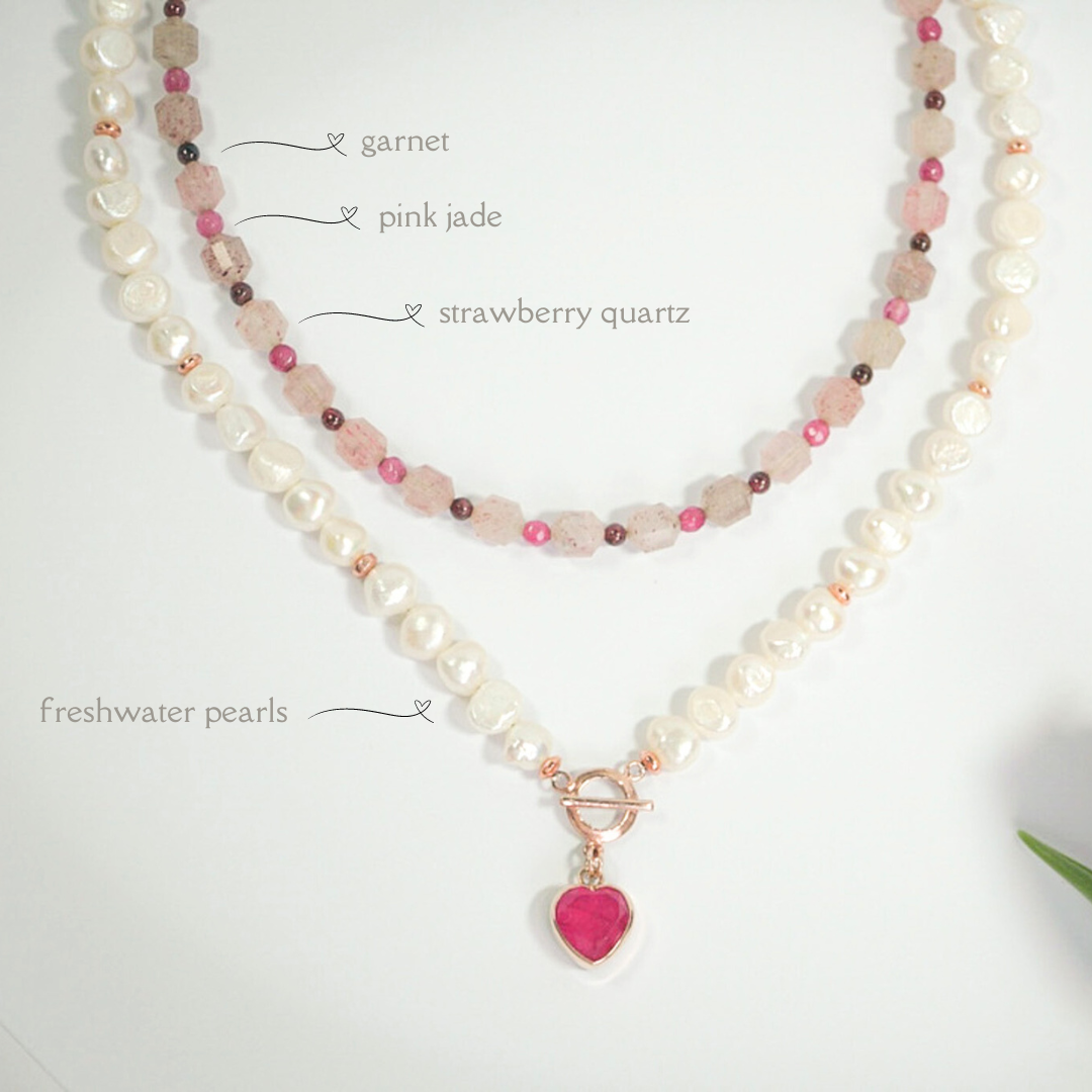 Necklace with Strawberry Quartz, Pink Jade, Garnet, and Freshwater Pearls