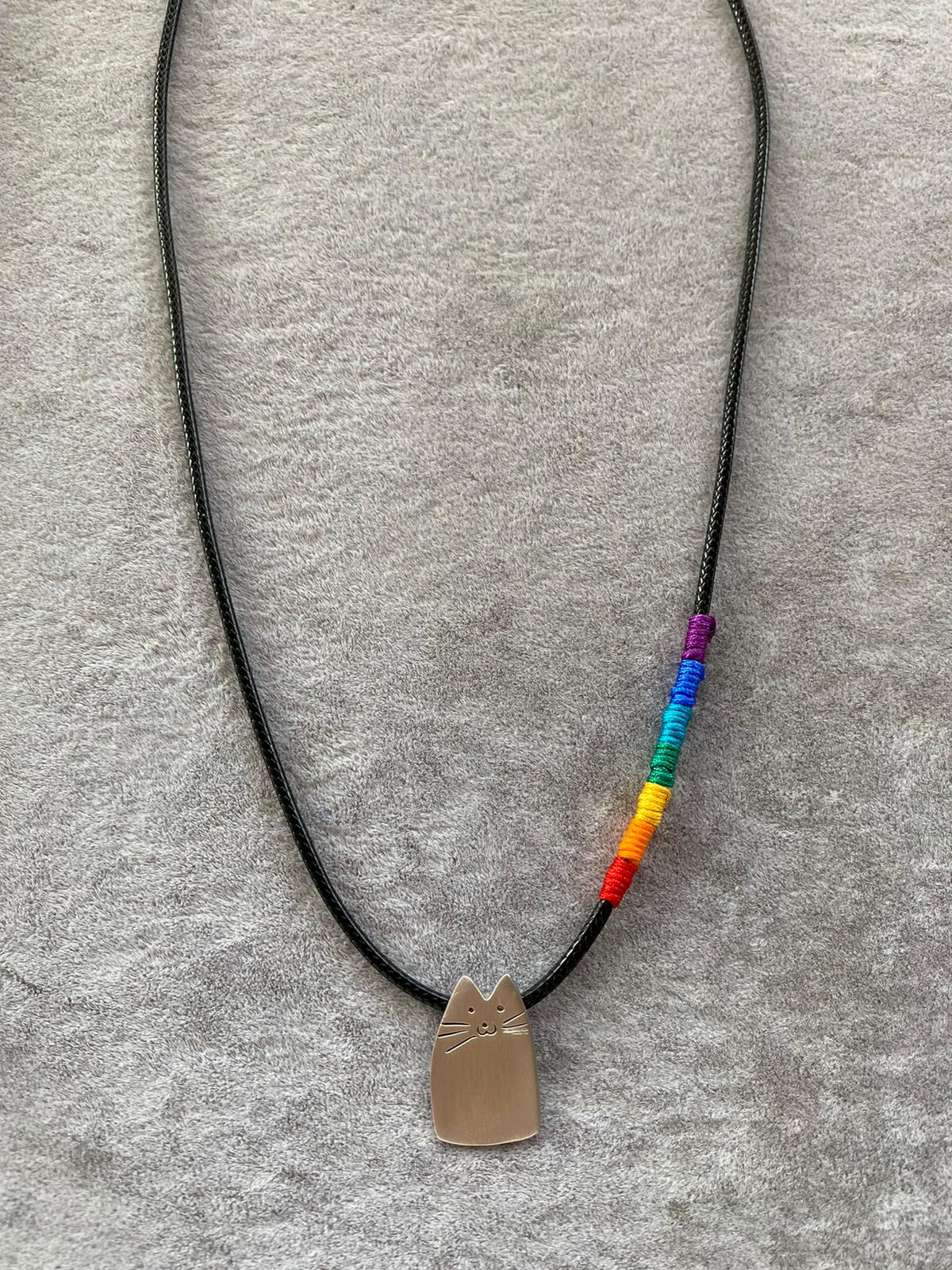 Rainbow Cutie Cat Silver Cord Necklace with a cat-shaped silver pendant and a rainbow-colored segment.