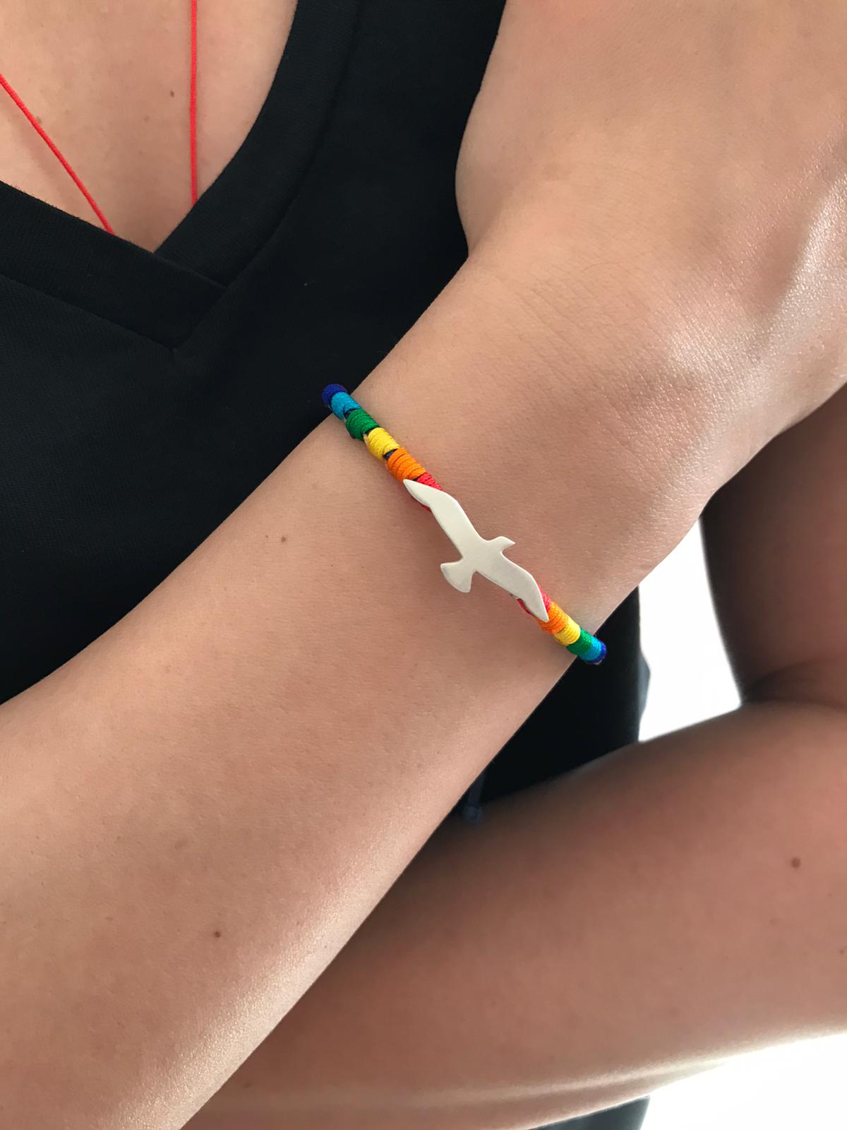 Rainbow Seagull Silver Bracelet on wrist