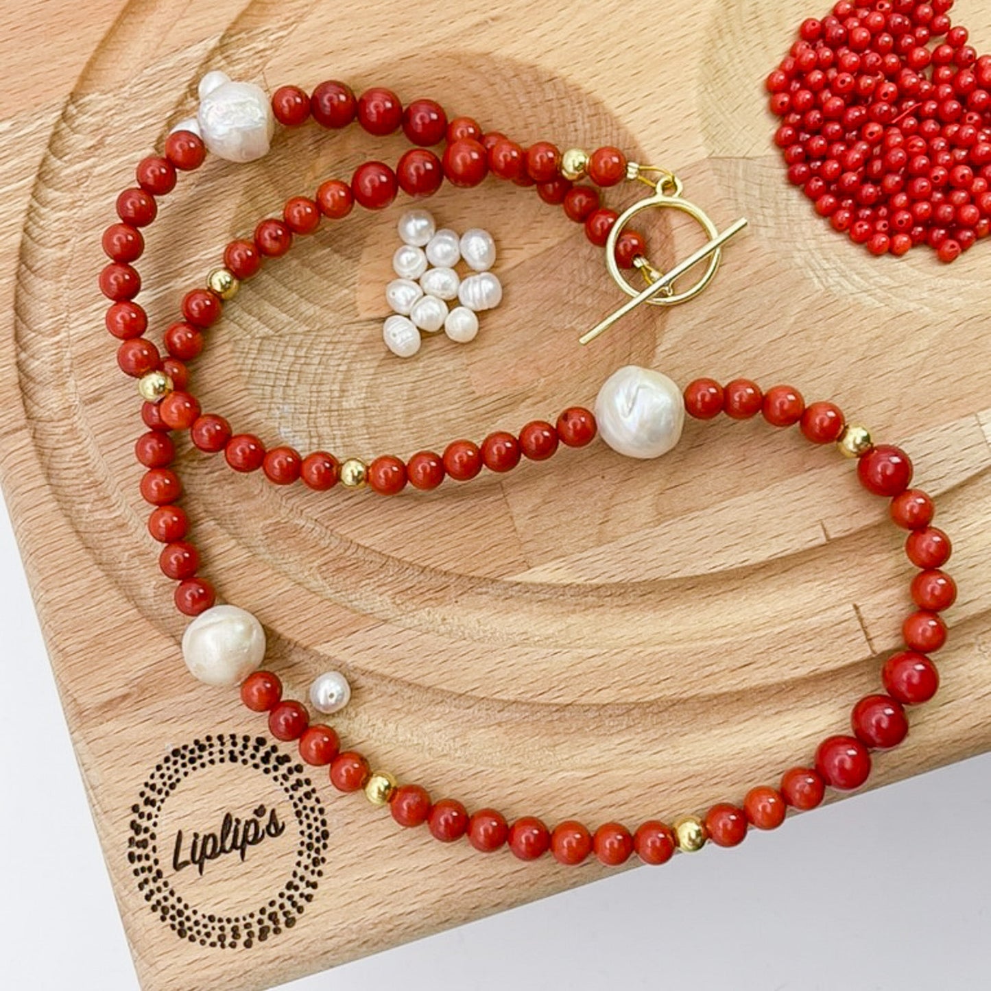 Red Coral Gemstone Necklace with Baroque Freshwater Pearls and Gold Accents