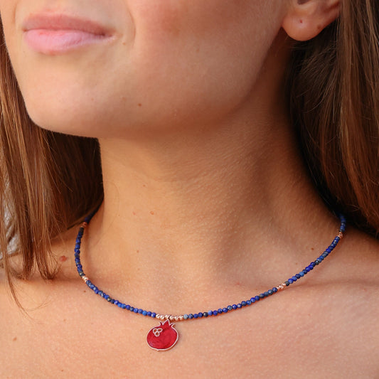 Red Pomegranate Lapis Necklace on model's neck