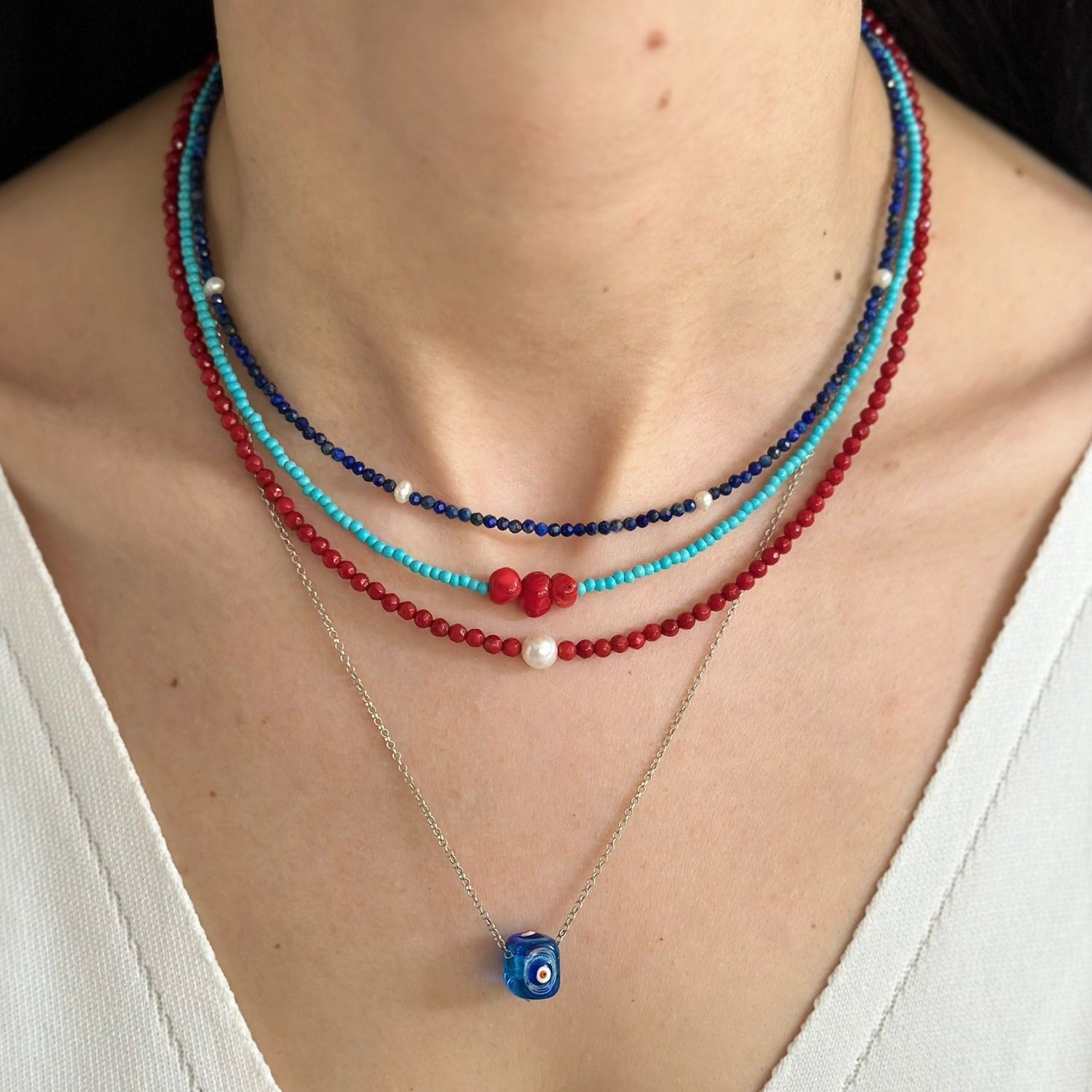 Reds and Blues Gemstone and Silver Necklace Set