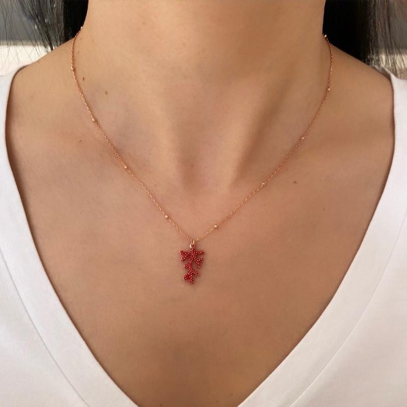 Rose Gold Plated Silver Chain with Red Coral Pendant on woman's neck