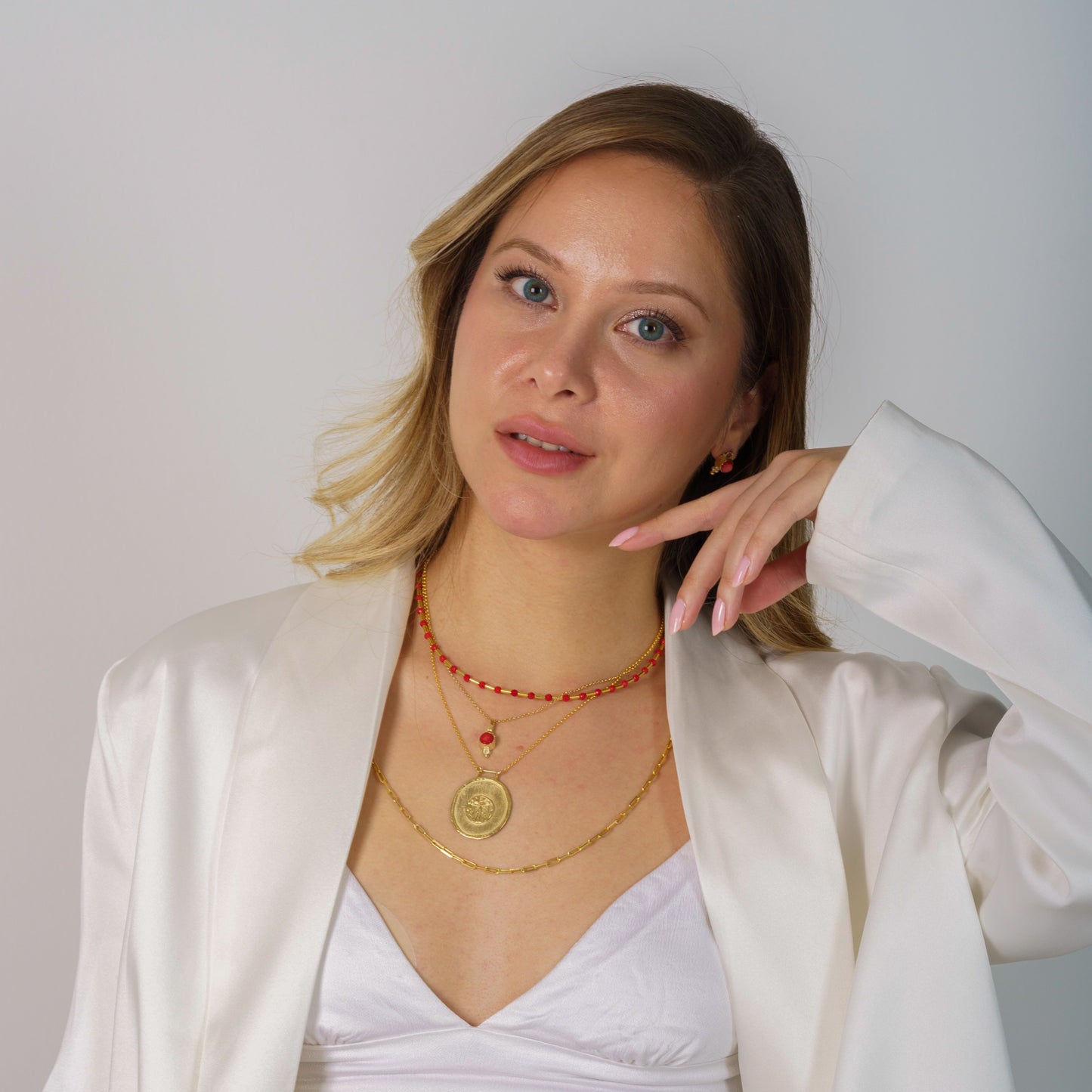 Coral Gemsone and Silver Pipe Necklace