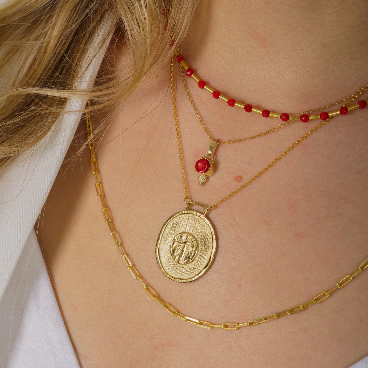 Coral Gemsone and Silver Pipe Necklace