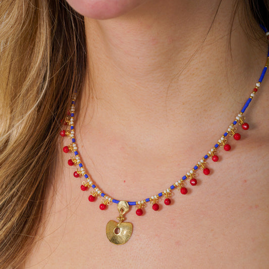 Hera Coral and Lapis Lazuli Gemstone Necklace in 925 Silver with Gold Plating