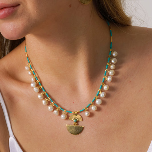 Ariadne Necklace with Pearl and Turquoise Gemstone - Sterling Silver 14K Gold Plated