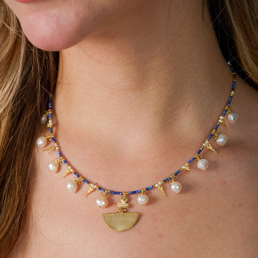 Selene Lapis Lazuli Gemstone and Pearl Necklace Silver Gold Plated