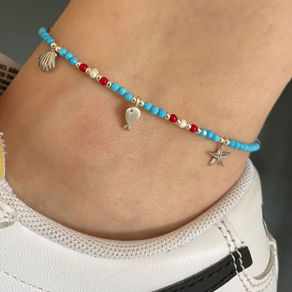 Sea Coral and Turquoise Gemstone Silver Anklet with Shell, Fish, and Starfish Charms