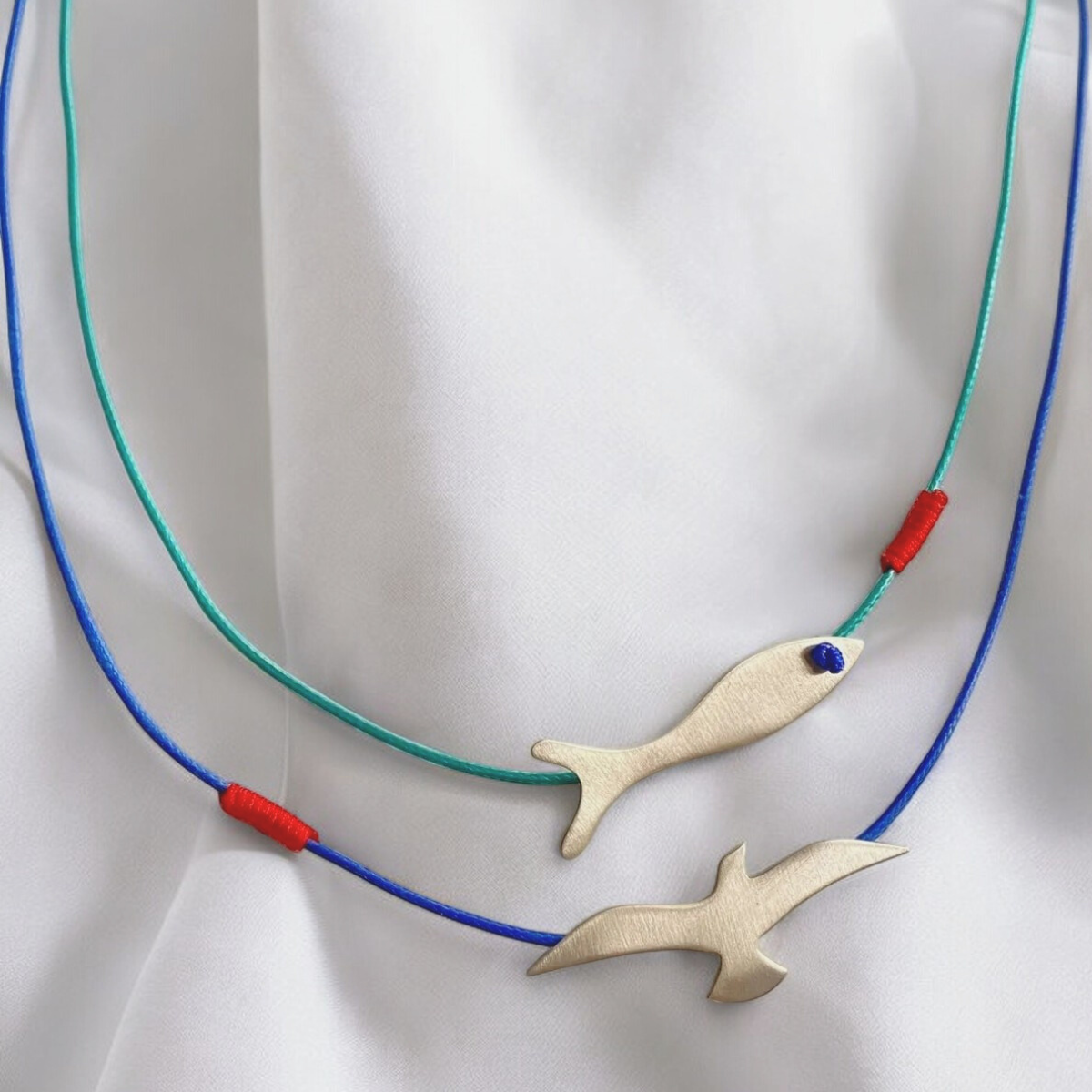 Seagull and Fish Silver Necklaces with Green and Blue Cords