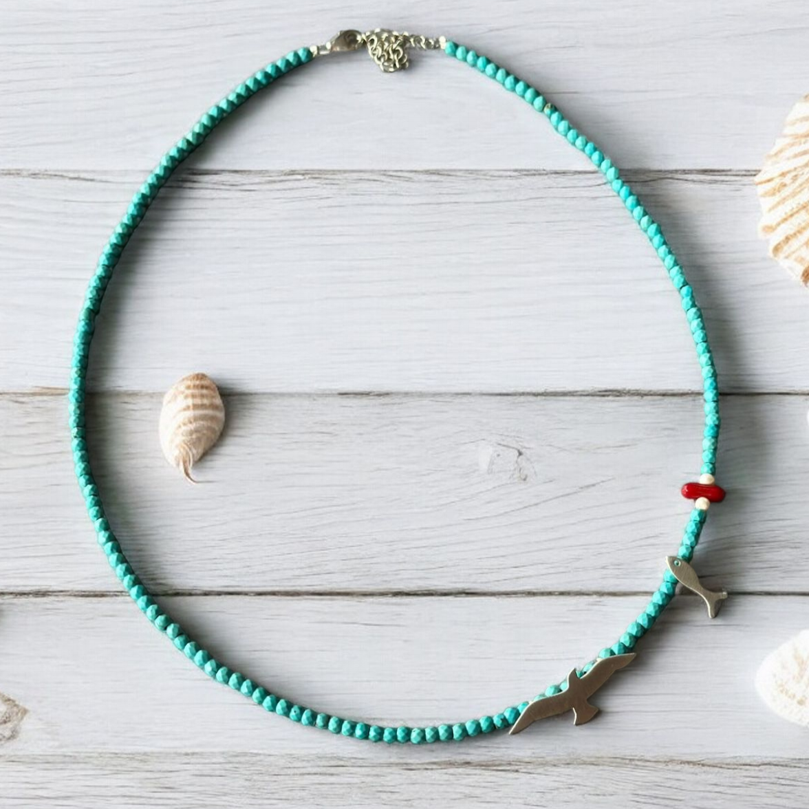 Seagull and Fish Turquoise Gemstone Necklace - Handcrafted 925 Silver with Pearl and Coral