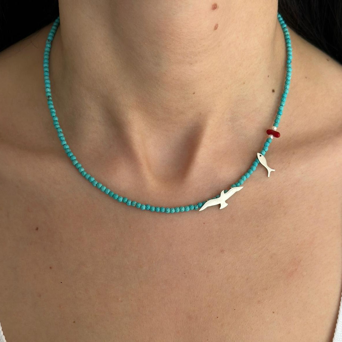 Seagull and Fish Turquoise Gemstone Necklace with Pearl and Coral on Handcrafted 925 Silver