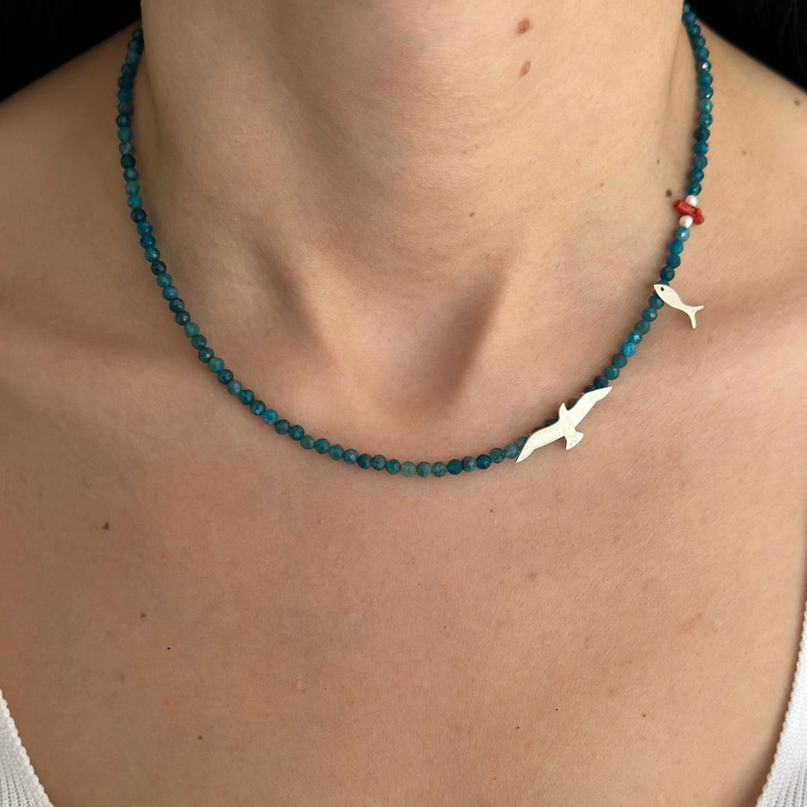 Seagull & Fish Apatite Gemstone Necklace in 925 Silver