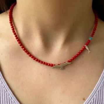 Seagull & Fish Coral and Silver Necklace on Woman's Neck