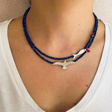 Seagull & Fish Lapis and Silver Necklace