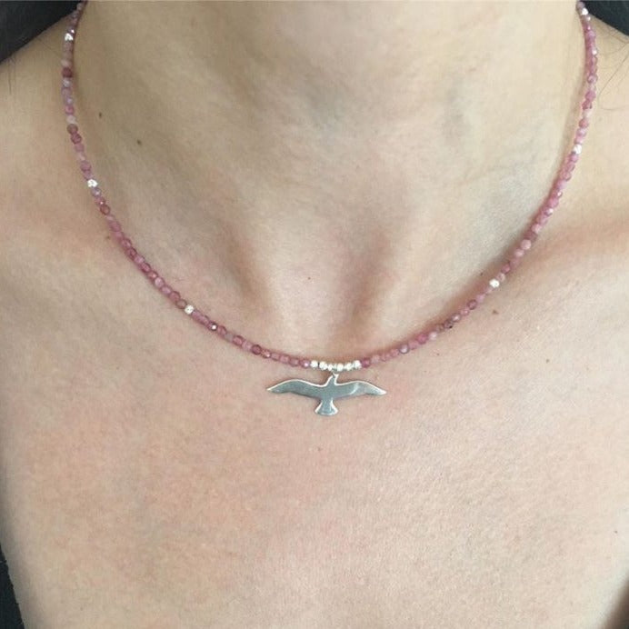 Seagull Pink Tourmaline Necklace on woman's neck