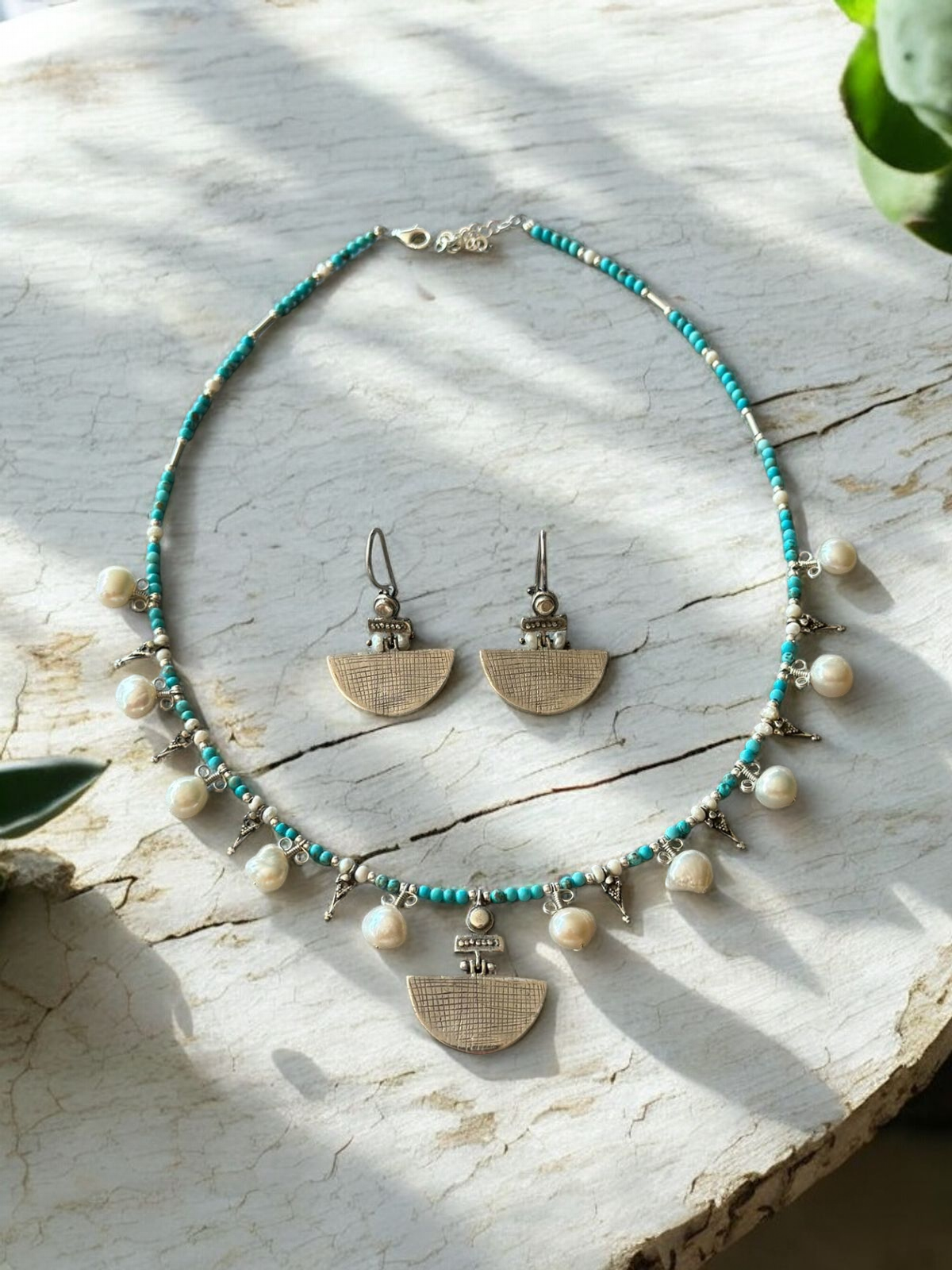 Selena Turquoise Necklace and Earrings Set with intricate design, pearls, and turquoise beads