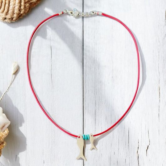 Silver Fish Cord Necklace with red cord and turquoise beads