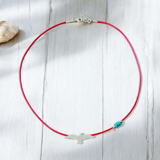 Silver Seagull Pendant on Red Cord Necklace with Turquoise Beads