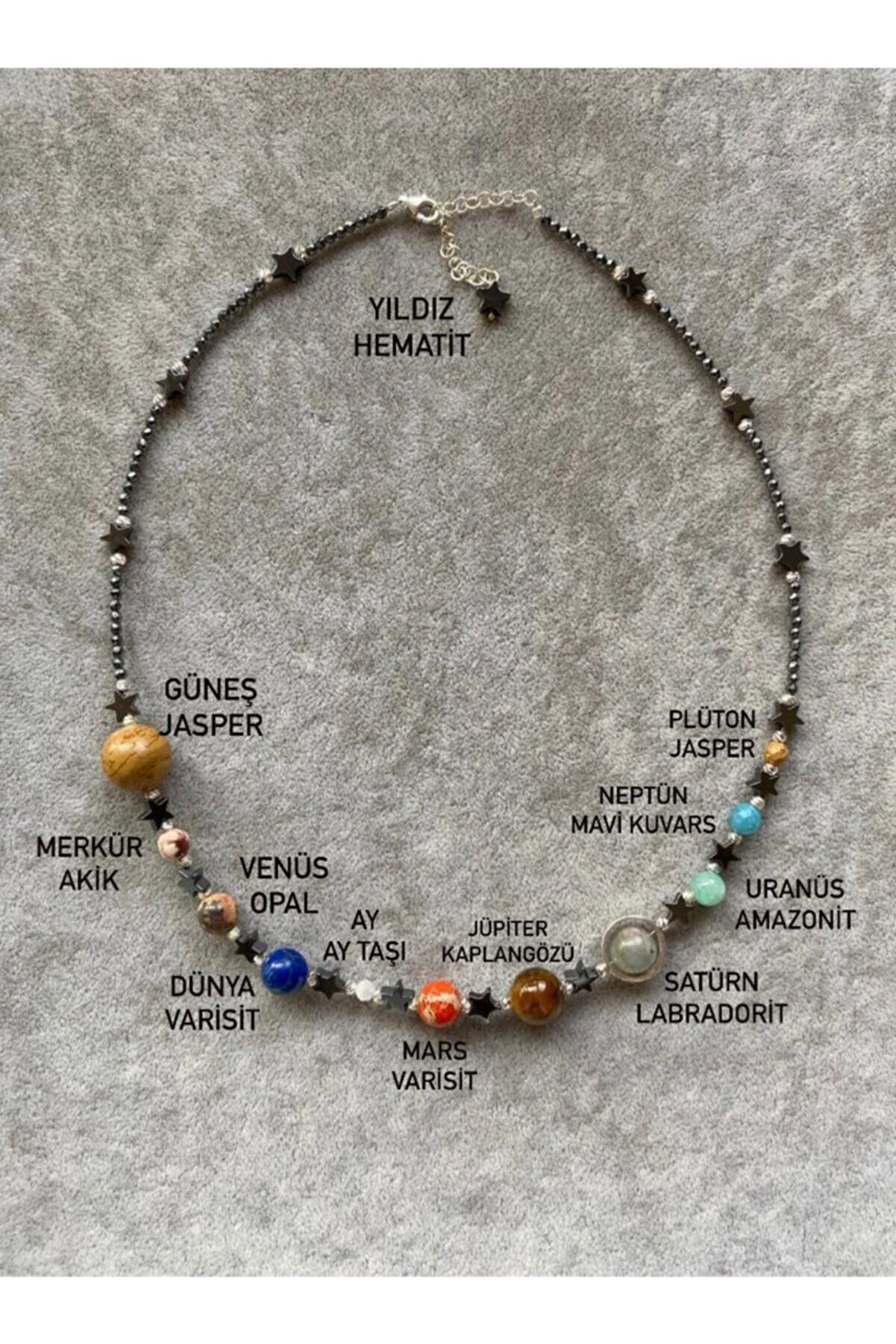 Handmade Solar System Necklace featuring stones representing each planet in the solar system, including Hematit, Jasper, Akik, and more.