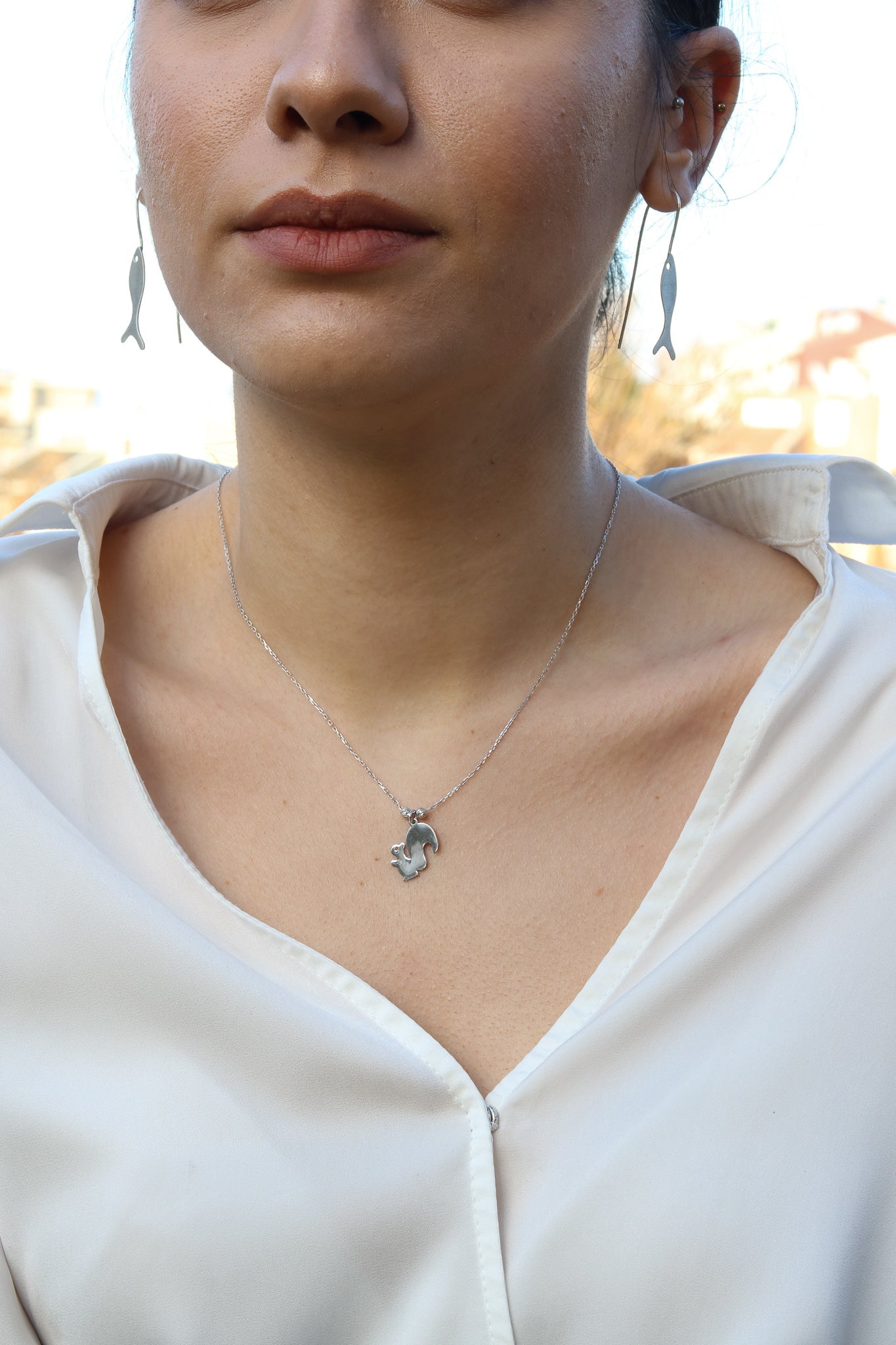 Woman wearing Squirrel 925 Sterling Silver Necklace