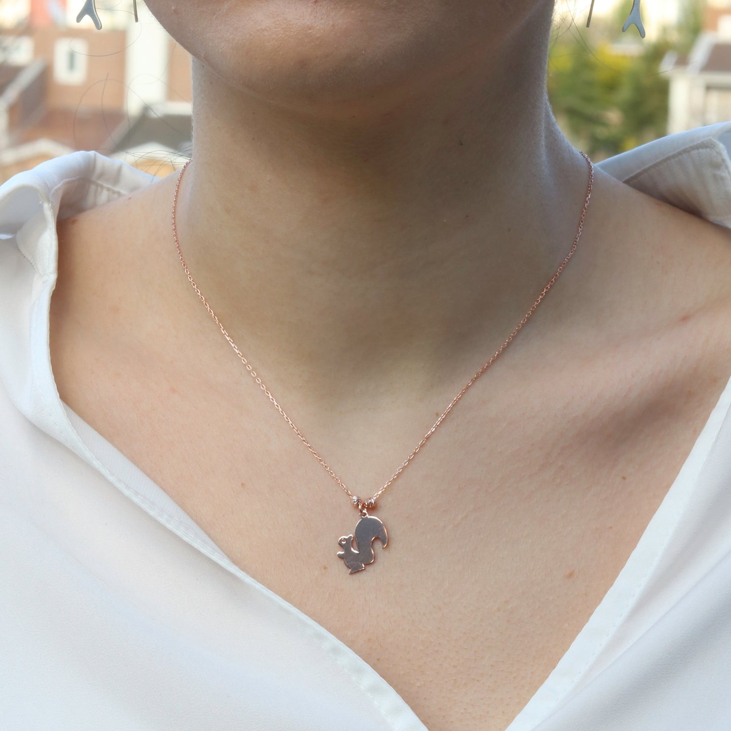 Squirrel 925 Sterling Silver Rose Gold Necklace worn on a woman's neck