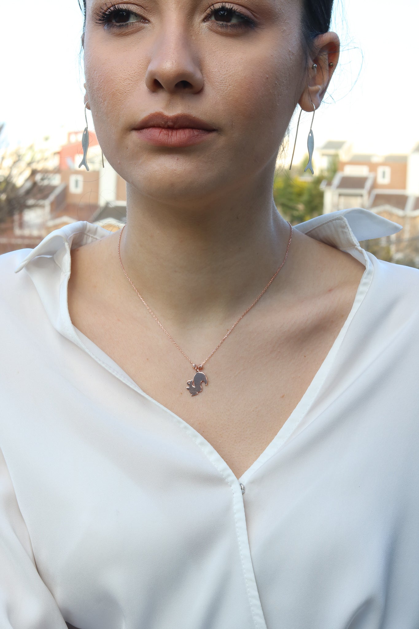 Model wearing Squirrel 925 Sterling Silver Rose Gold Necklace.