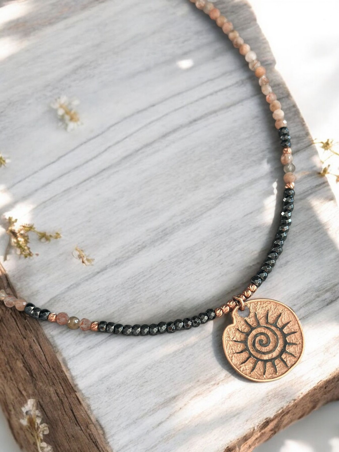 Sun Necklace featuring Sunstone Gemstone and Hematite Beads, with a 925 Sterling Silver Pendant Rose Gold Plated