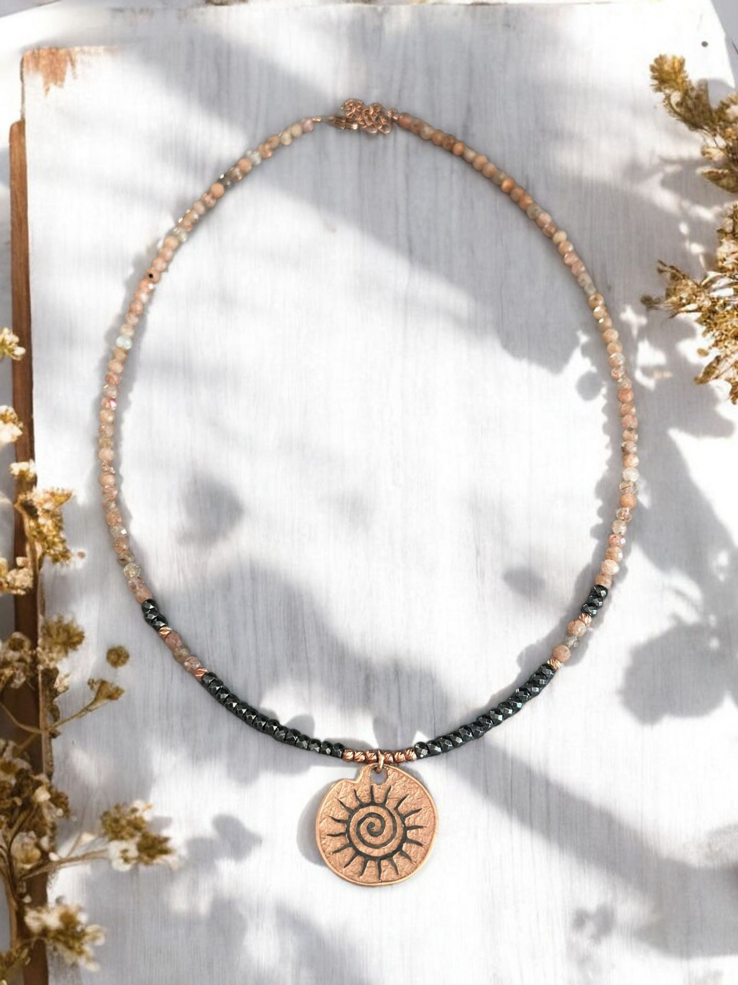 Sun Necklace made from Sunstone Gemstone and Hematite in 925 Sterling Silver Rose Gold Plated.