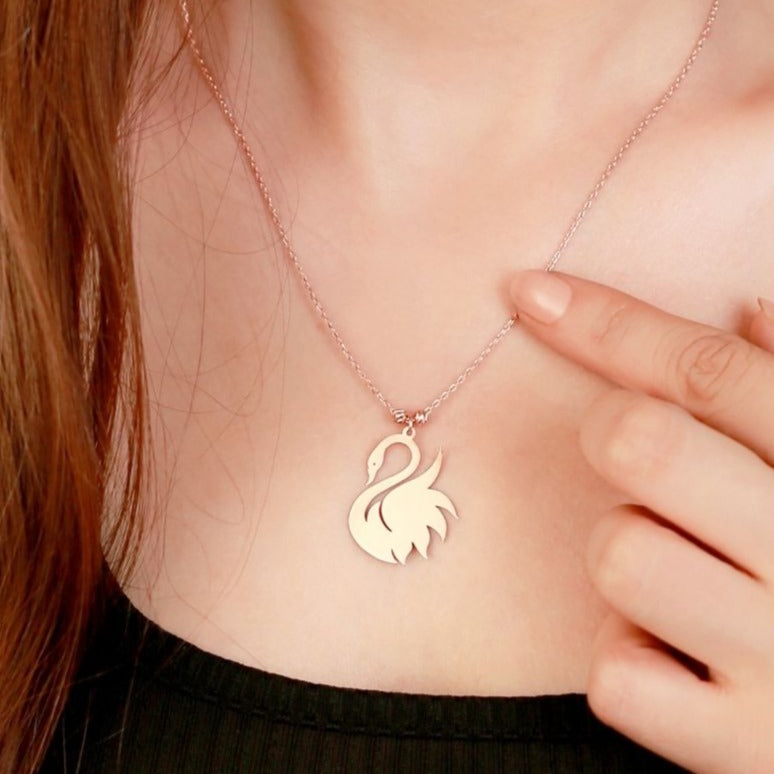 Swan 925 Sterling Silver Rose Gold Necklace on model's neck