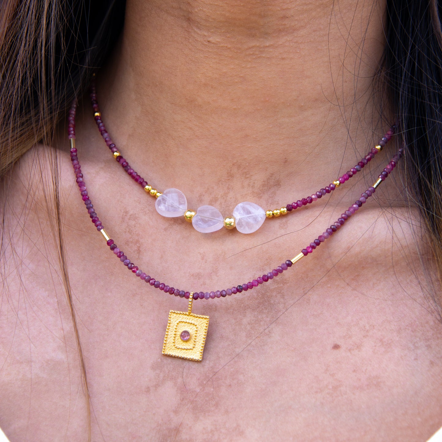 Three Hearts Tourmaline Gemstone Beaded Necklace showcased on a model's neck