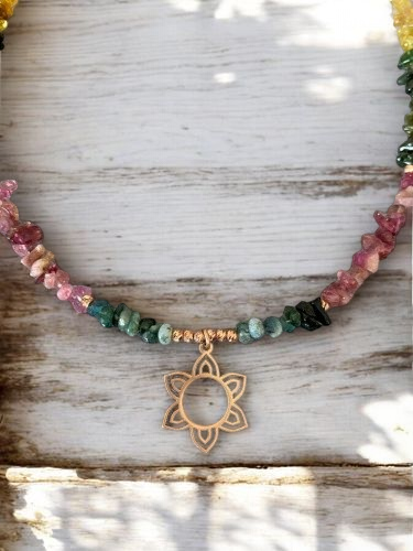 Tourmaline Flower Silver Necklace with multi-colored gemstone beads and a floral silver pendant