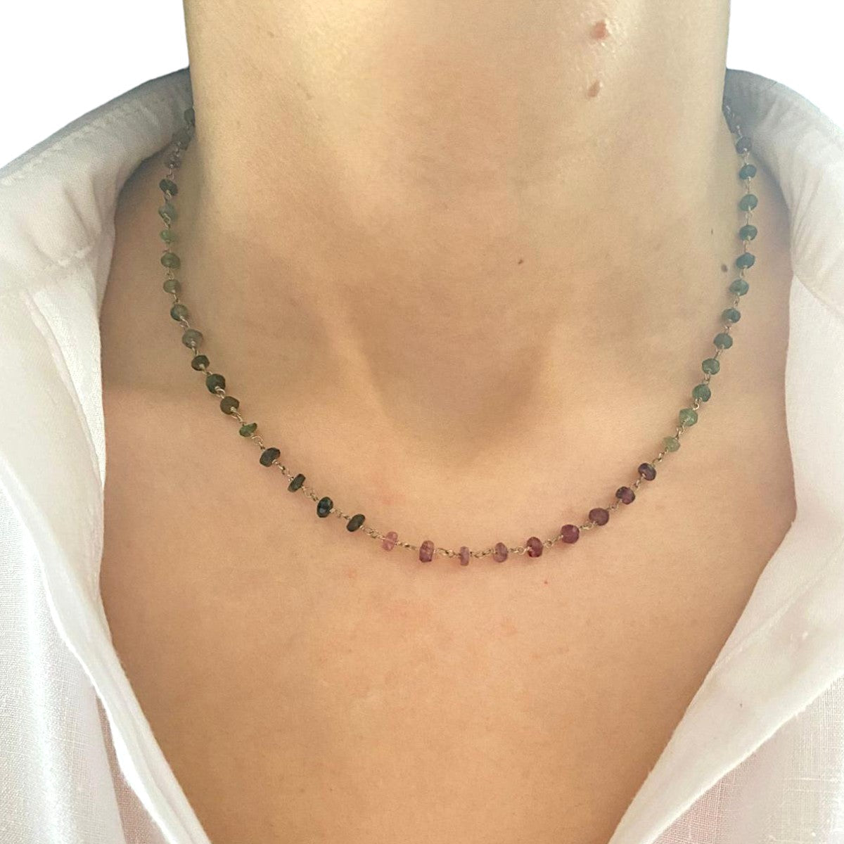 Tourmaline Gemstone and Silver Necklace on Model's Neck