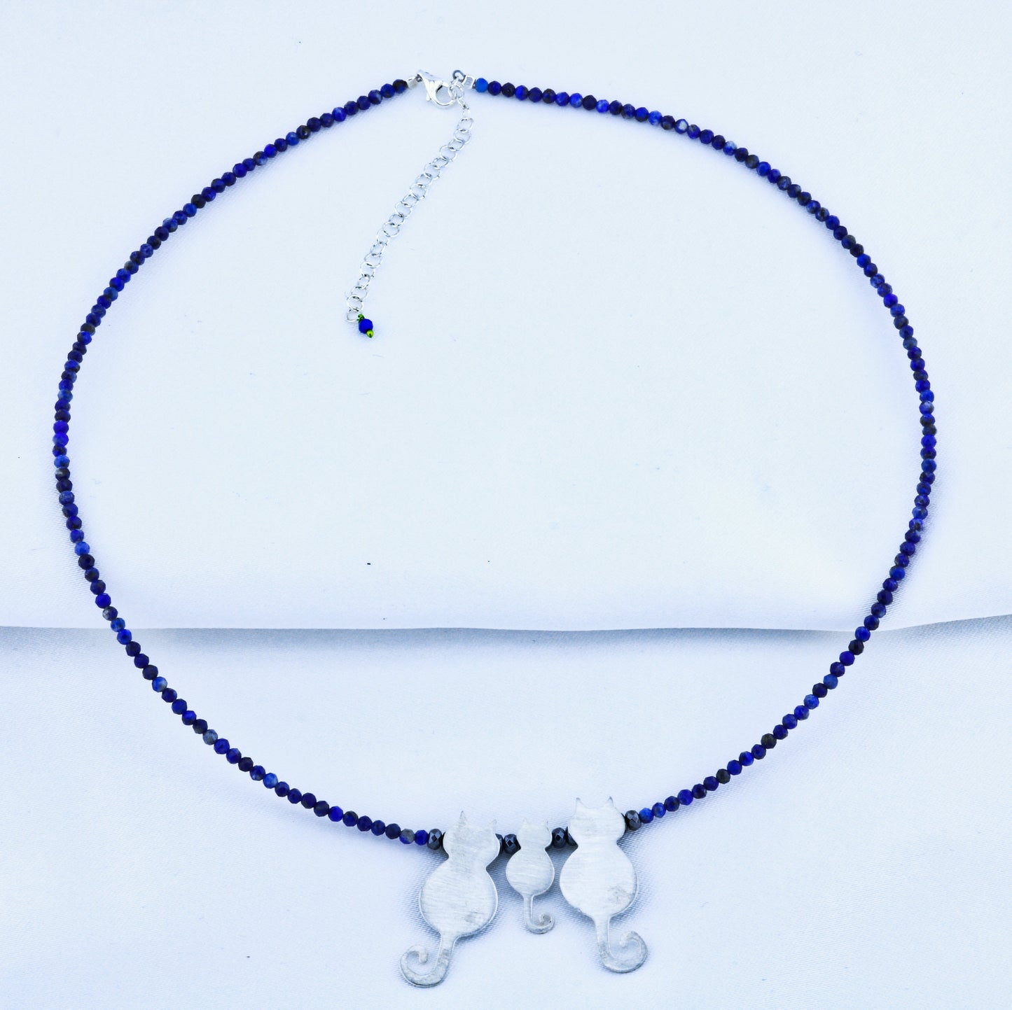 Trio Cats Family Silver Necklace with Blue Beads