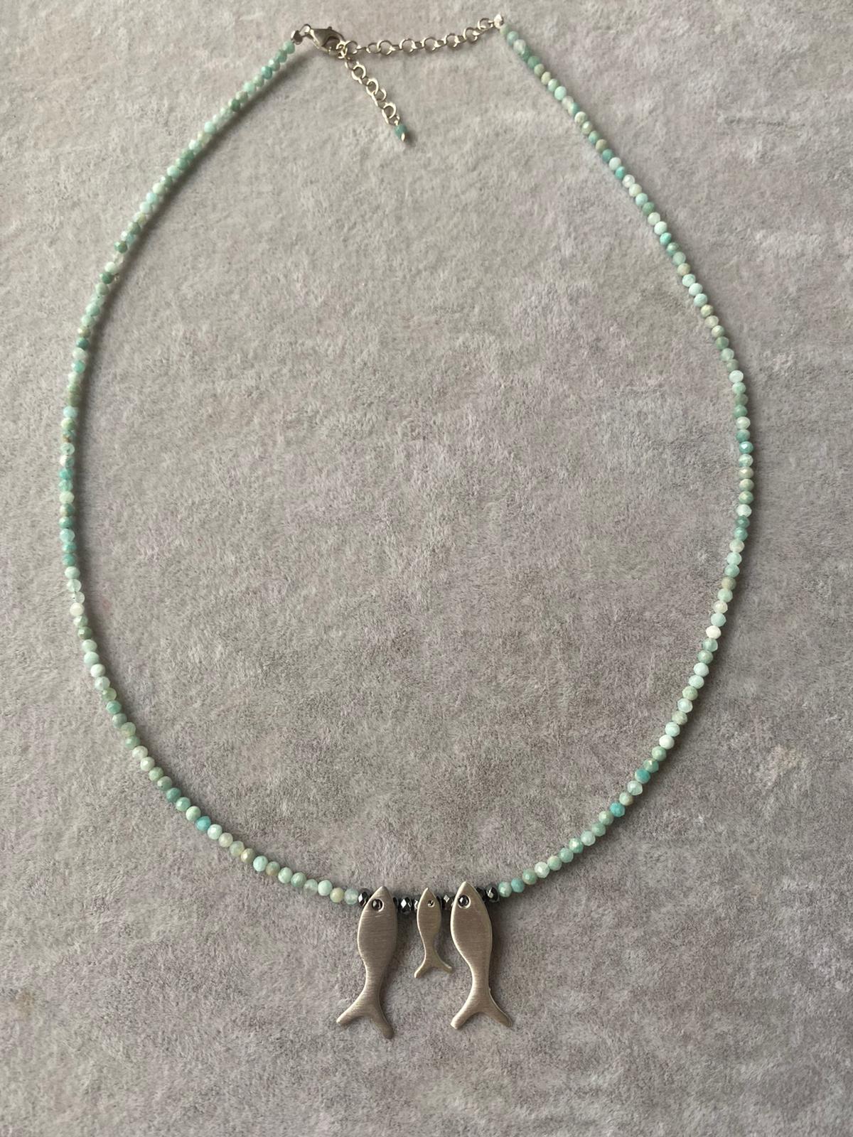 Trio Fish Family Amazonite Necklace with delicate beads and silver fish pendants