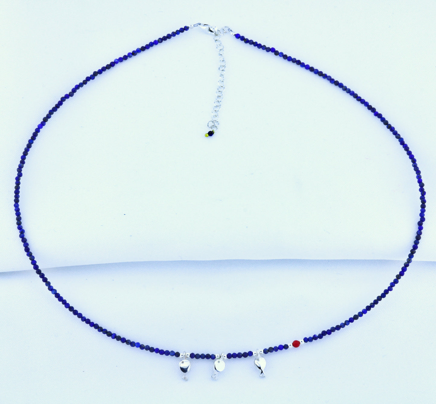 Minimal Trio Fish Silver Necklace on Blue Beaded Chain