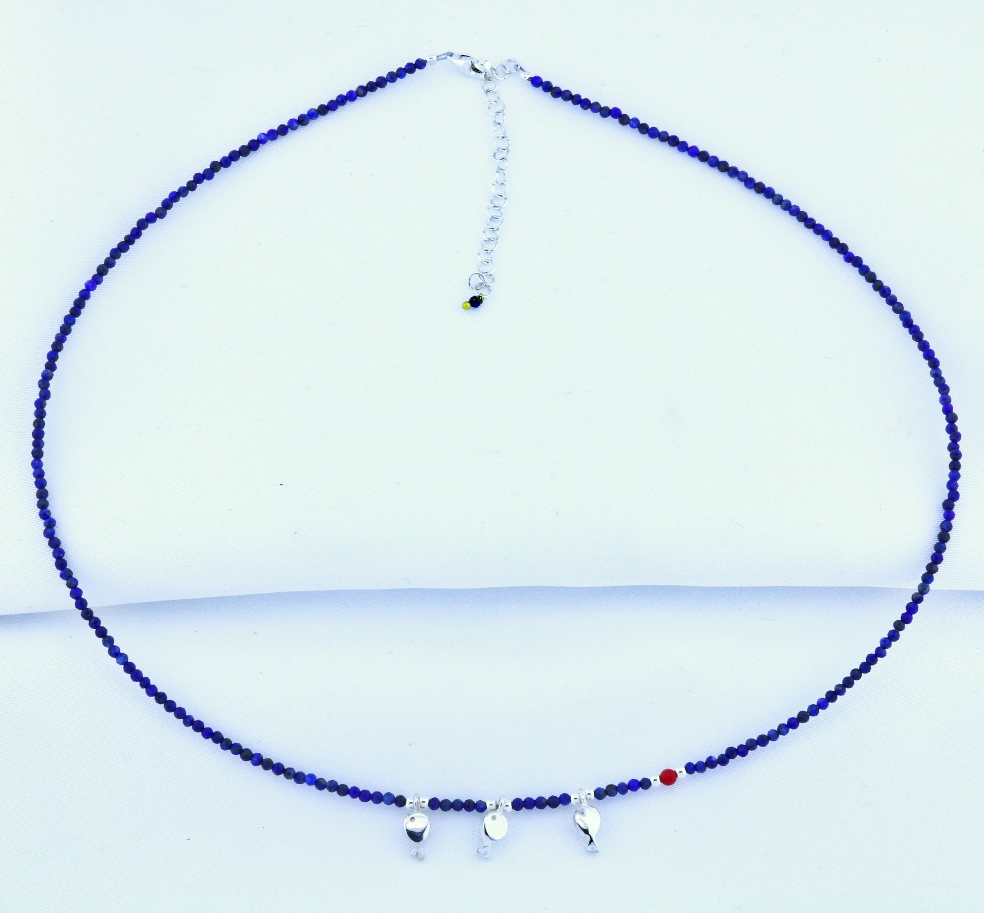 Minimal Trio Fish Silver Necklace on Blue Beaded Chain